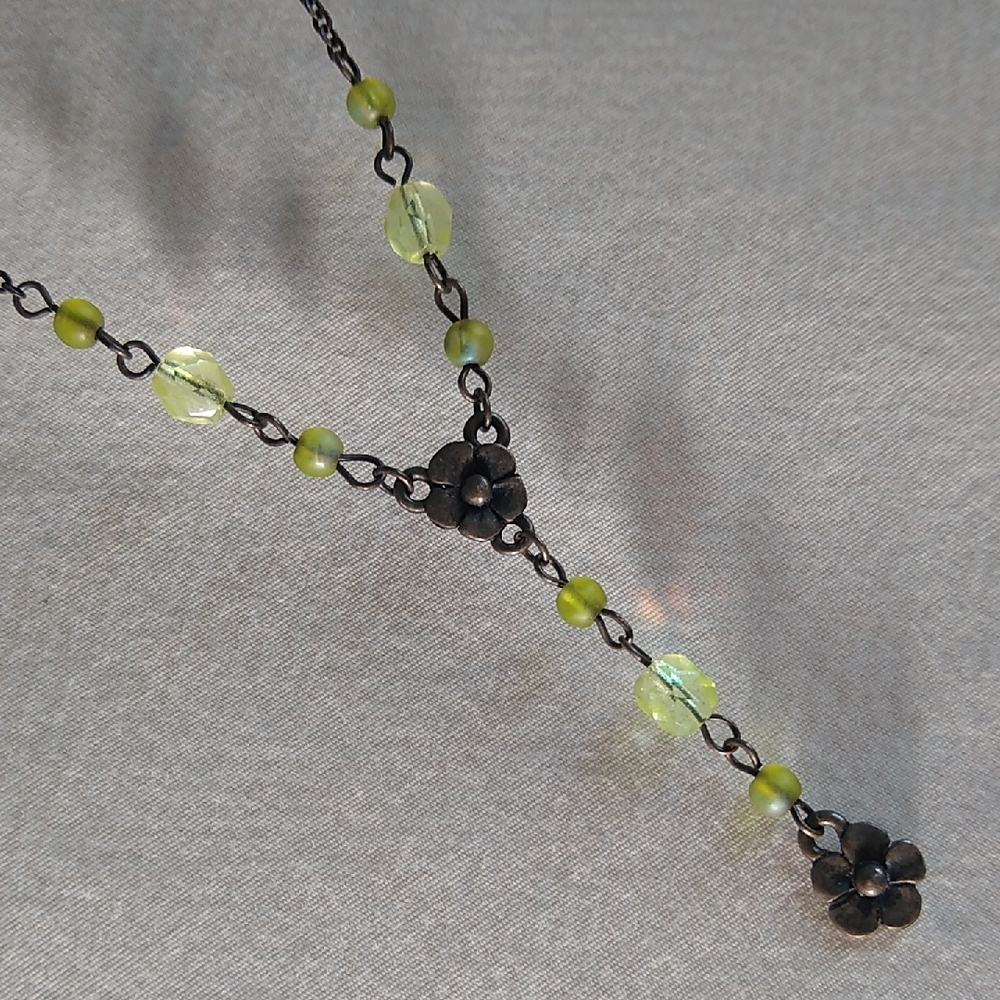 Vintage 'Express' antique metal flowers w-yellow-green clear faceted beads